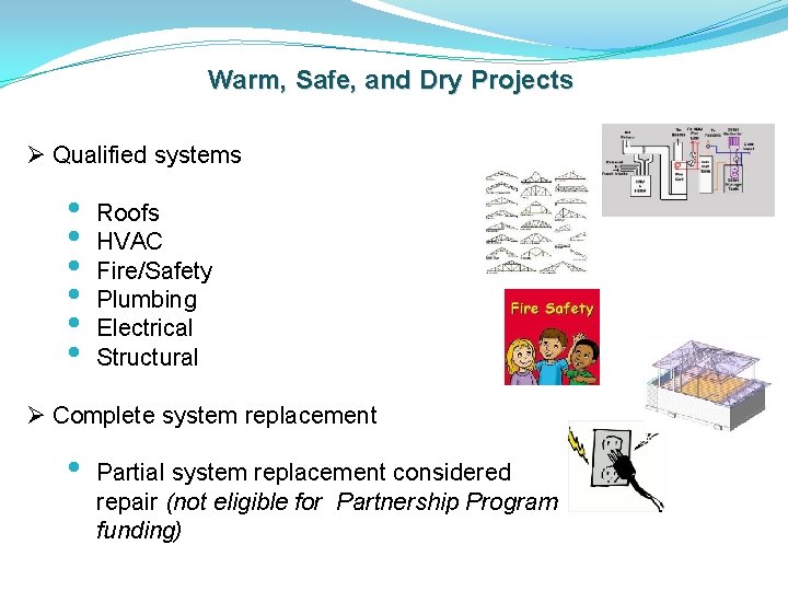 Warm, Safe, and Dry Projects Ø Qualified systems • • • Roofs HVAC Fire/Safety