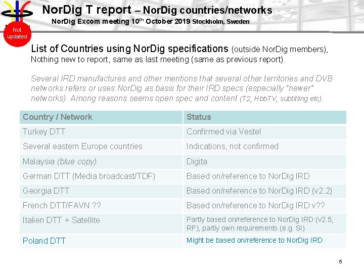 Nor. Dig T report – Nor. Dig countries/networks Nor. Dig Excom meeting 10 th