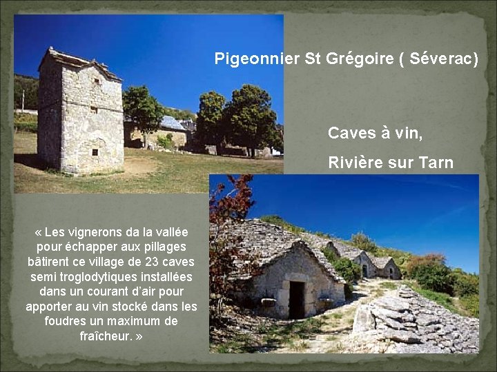 Pigeonnier St Grégoire ( Séverac) Caves à vin, Rivière sur Tarn « Les vignerons