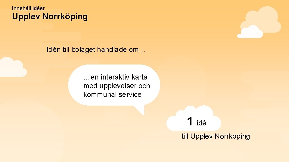 Innehåll idéer Upplev Norrköping Idén till bolaget handlade om… …en interaktiv karta med upplevelser