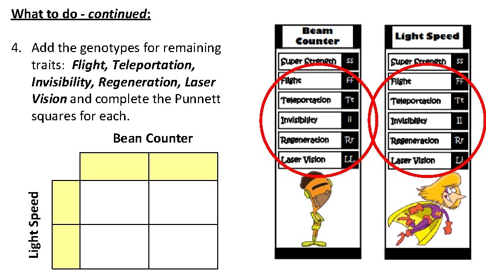 What to do - continued: 4. Add the genotypes for remaining traits: Flight, Teleportation,