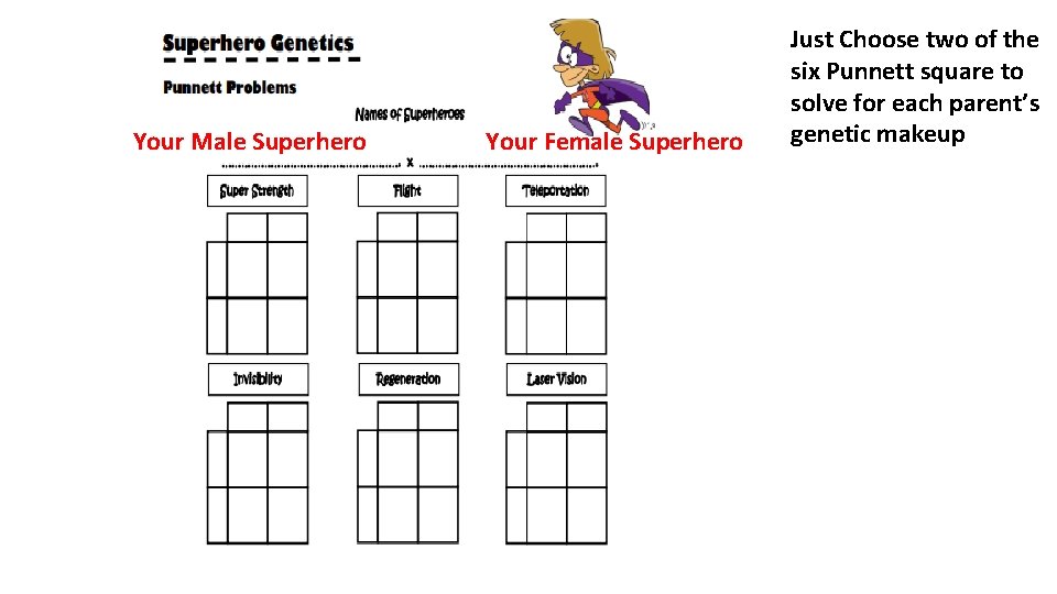 Your Male Superhero Your Female Superhero Just Choose two of the six Punnett square