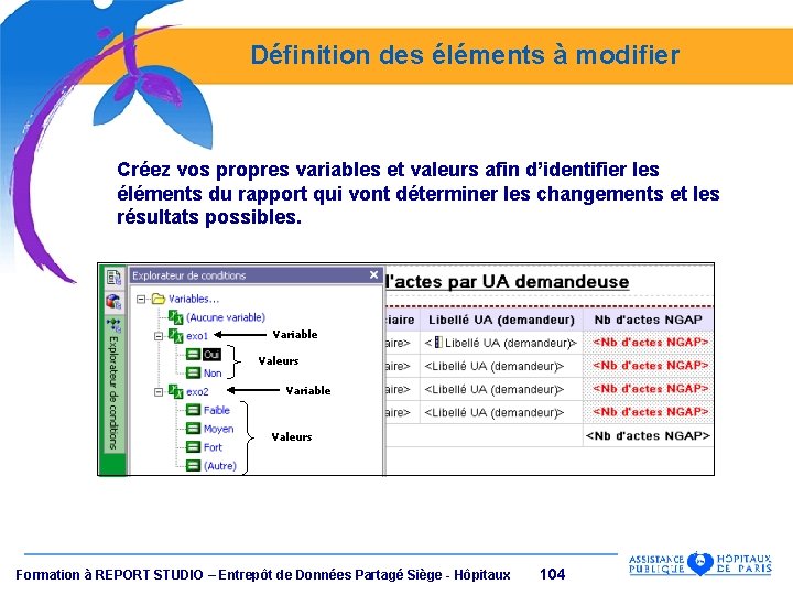 Définition des éléments à modifier Créez vos propres variables et valeurs afin d’identifier les