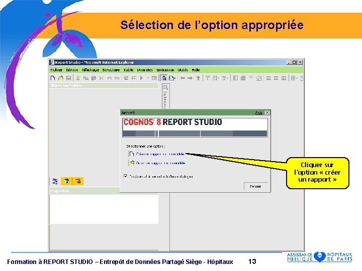 Sélection de l’option appropriée Cliquer sur l’option « créer un rapport » Formation à