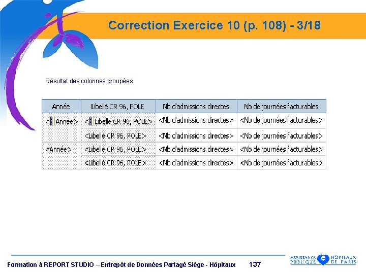 Correction Exercice 10 (p. 108) - 3/18 Résultat des colonnes groupées Formation à REPORT