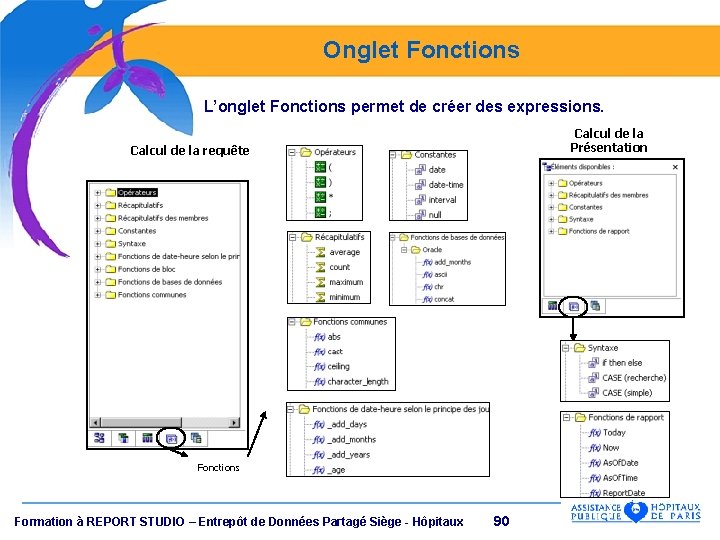Onglet Fonctions L’onglet Fonctions permet de créer des expressions. Calcul de la Présentation Calcul