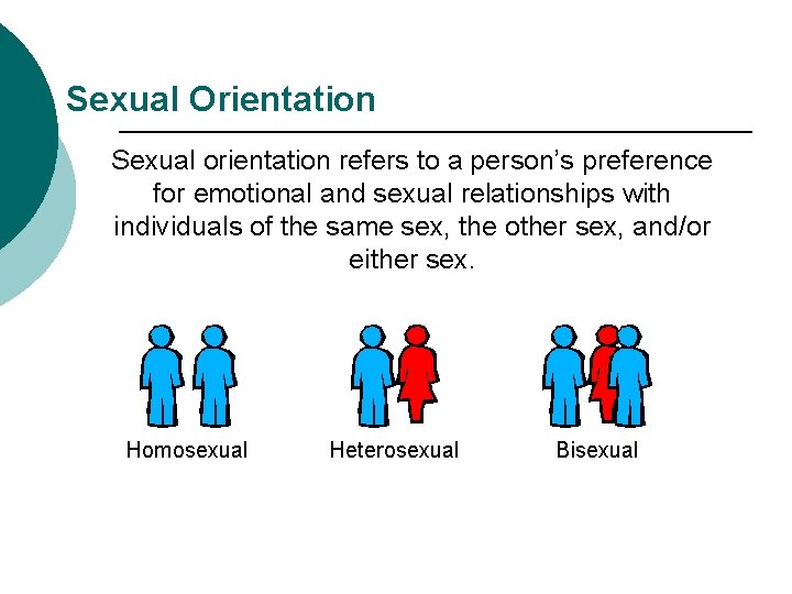 Sexual Orientation Sexual orientation refers to a person’s preference for emotional and sexual relationships