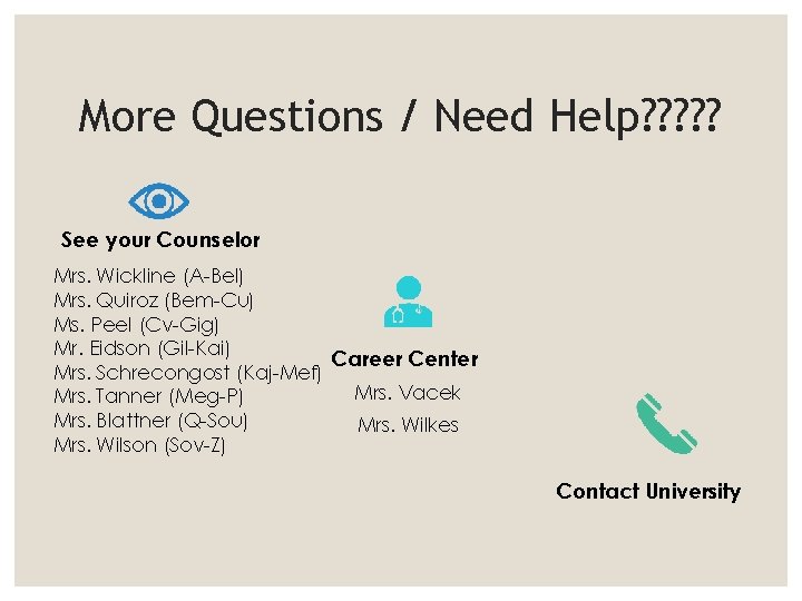 More Questions / Need Help? ? ? See your Counselor Mrs. Wickline (A-Bel) Mrs.