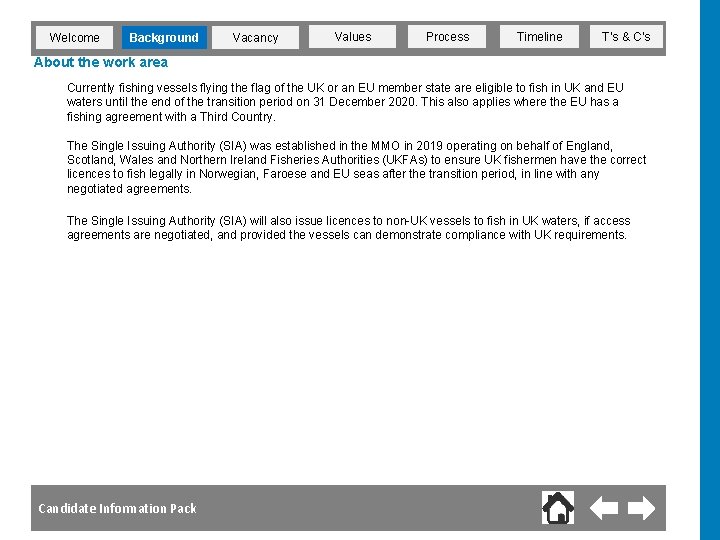 Welcome Background Vacancy Values Process Timeline T’s & C’s About the work area Currently