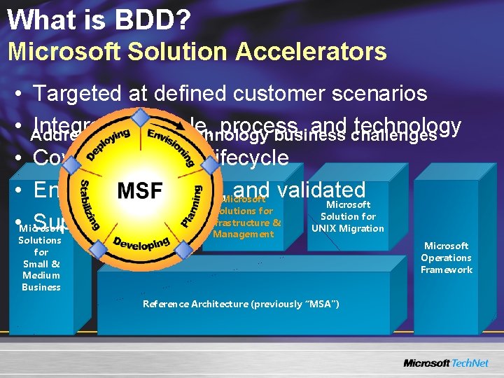 What is BDD? Microsoft Solution Accelerators • Targeted at defined customer scenarios • Addressing