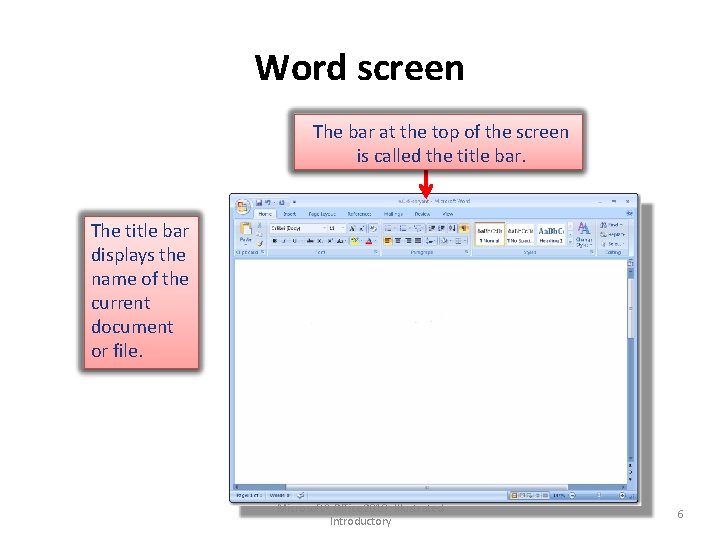 Word screen The bar at the top of the screen is called the title