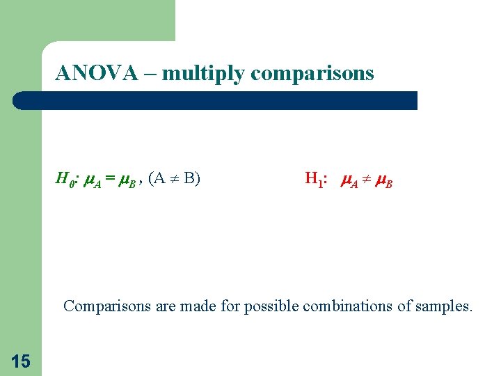 ANOVA – multiply comparisons H 0: A = B , (A B) H 1:
