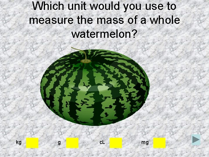 Which unit would you use to measure the mass of a whole watermelon? kg
