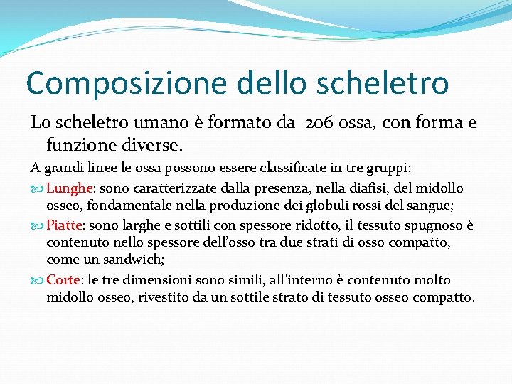 Composizione dello scheletro Lo scheletro umano è formato da 206 ossa, con forma e