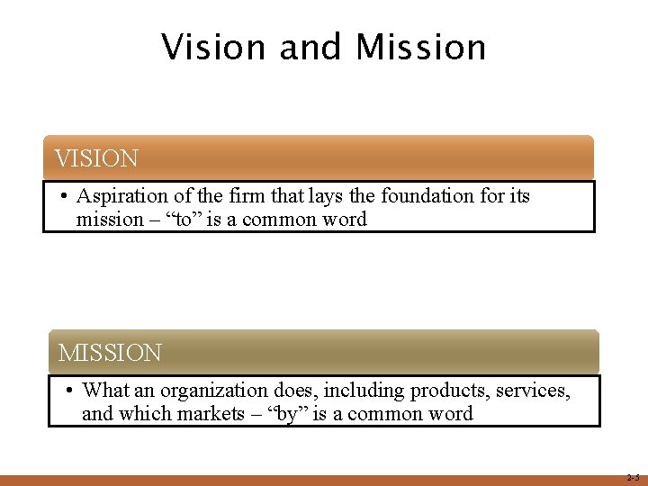 Vision and Mission VISION • Aspiration of the firm that lays the foundation for