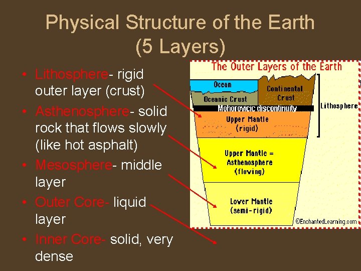 Physical Structure of the Earth (5 Layers) • Lithosphere- rigid outer layer (crust) •