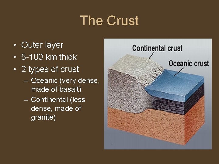 The Crust • Outer layer • 5 -100 km thick • 2 types of