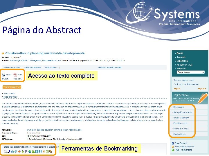 Página do Abstract Acesso ao texto completo Ferramentas de Bookmarking 