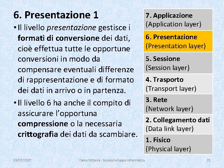 6. Presentazione 1 • Il livello presentazione gestisce i formati di conversione dei dati,