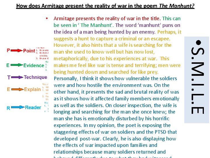 How does Armitage present the reality of war in the poem The Manhunt? •
