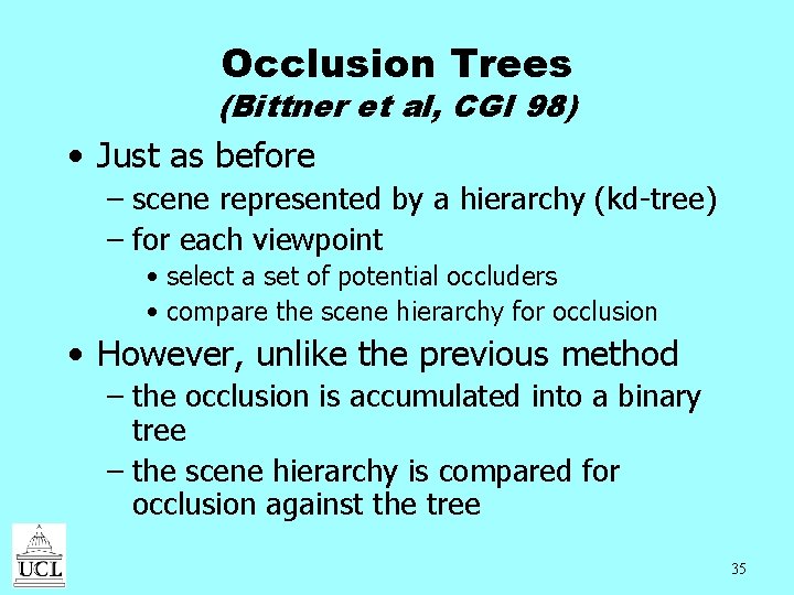 Occlusion Trees (Bittner et al, CGI 98) • Just as before – scene represented