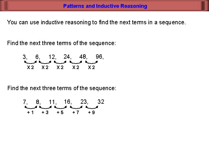 Patterns and Inductive Reasoning You can use inductive reasoning to find the next terms