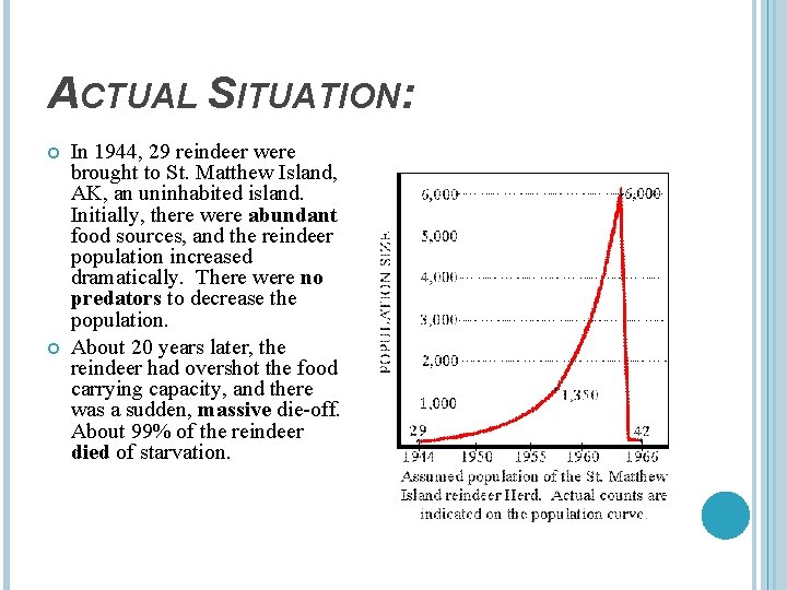 ACTUAL SITUATION: In 1944, 29 reindeer were brought to St. Matthew Island, AK, an