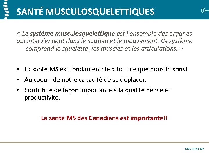 SANTÉ MUSCULOSQUELETTIQUES 3 « Le système musculosquelettique est l'ensemble des organes qui interviennent dans