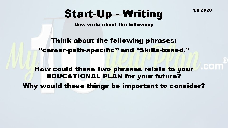 Start-Up - Writing 1/8/2020 Now write about the following: Think about the following phrases: