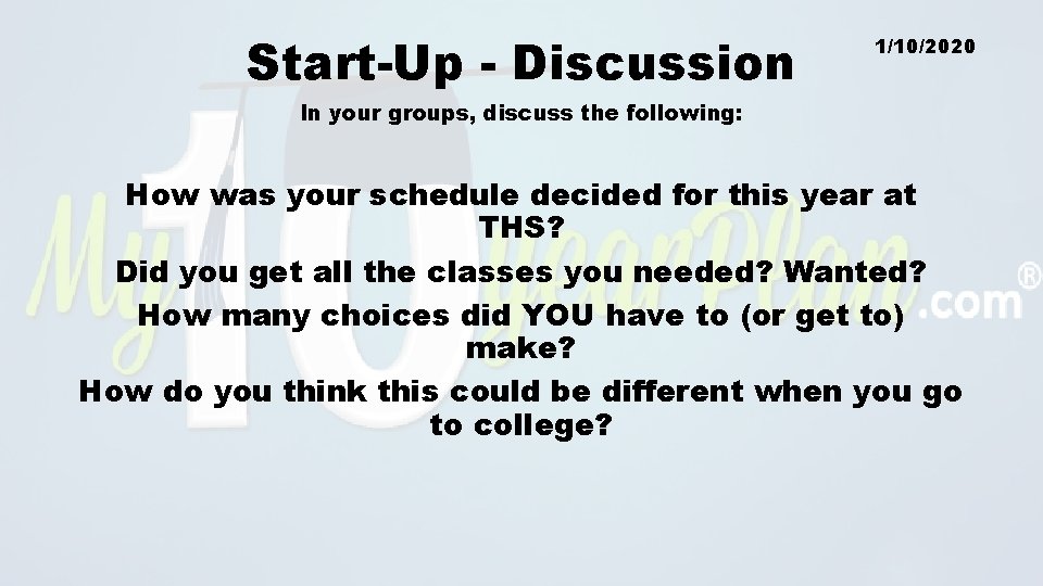 Start-Up - Discussion 1/10/2020 In your groups, discuss the following: How was your schedule