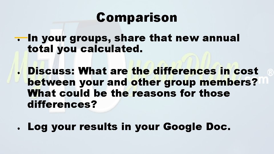 Comparison ● ● ● In your groups, share that new annual total you calculated.