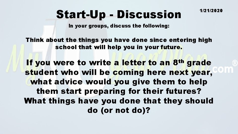 Start-Up - Discussion 1/21/2020 In your groups, discuss the following: Think about the things