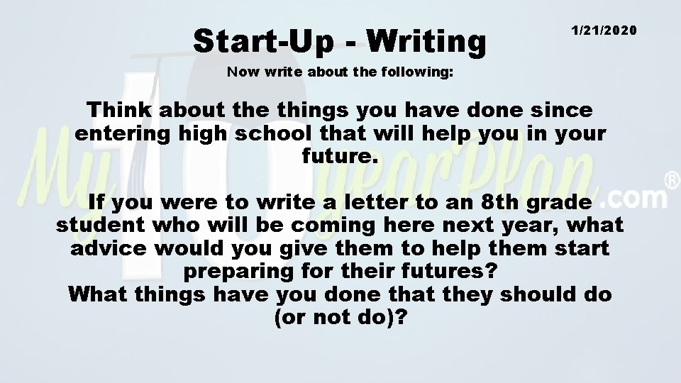 Start-Up - Writing 1/21/2020 Now write about the following: Think about the things you