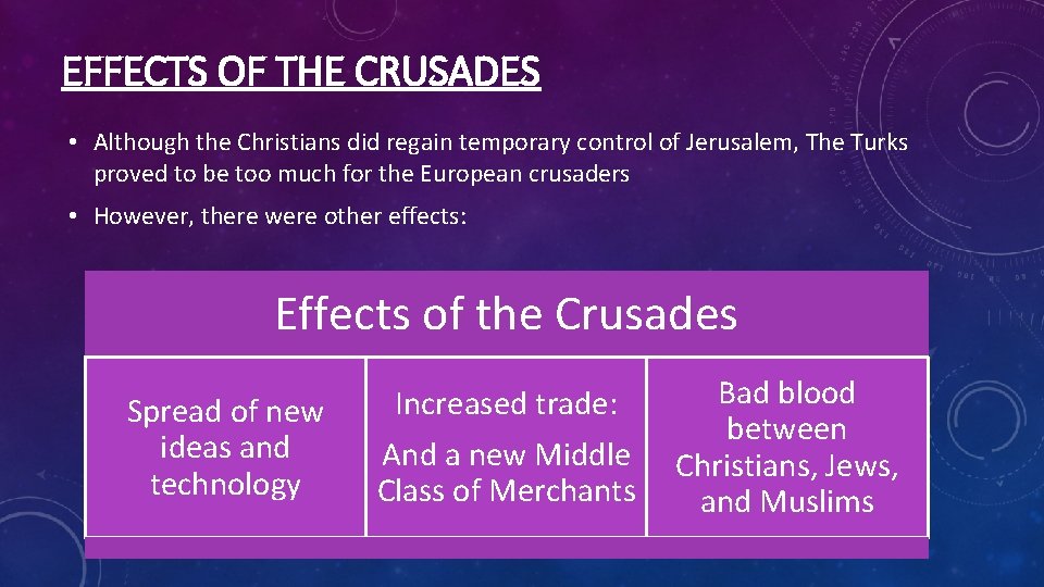 EFFECTS OF THE CRUSADES • Although the Christians did regain temporary control of Jerusalem,