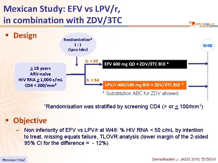 Mexican Study: EFV vs LPV/r, in combination with ZDV/3 TC § Design Randomisation* 1: