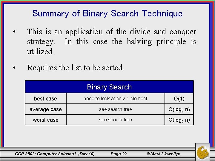 Summary of Binary Search Technique • This is an application of the divide and