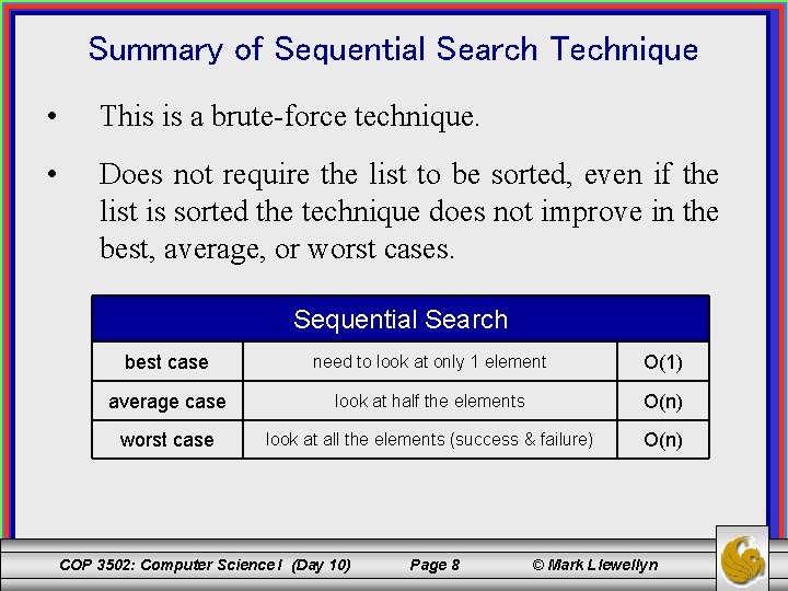 Summary of Sequential Search Technique • This is a brute-force technique. • Does not