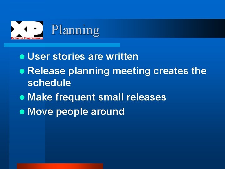 Planning l User stories are written l Release planning meeting creates the schedule l