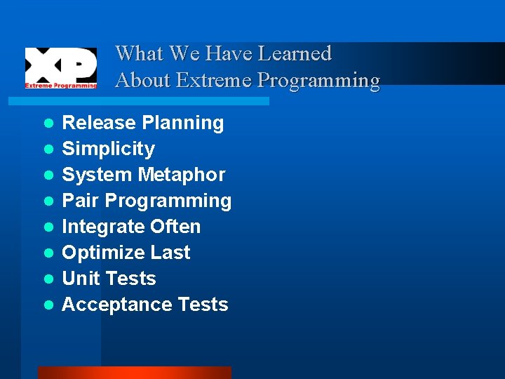 What We Have Learned About Extreme Programming l l l l Release Planning Simplicity