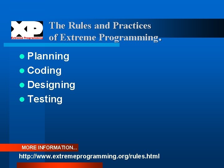 The Rules and Practices of Extreme Programming. l Planning l Coding l Designing l