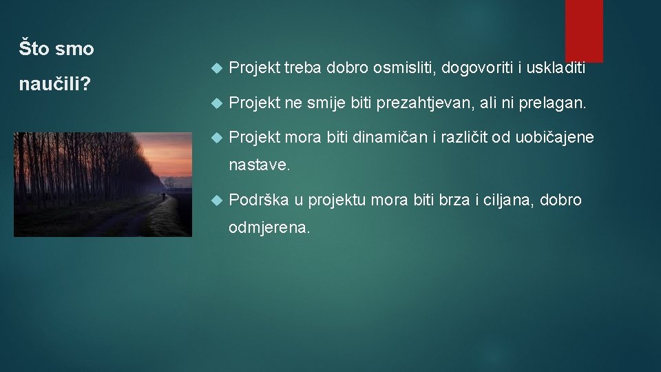 Što smo naučili? Projekt treba dobro osmisliti, dogovoriti i uskladiti Projekt ne smije biti