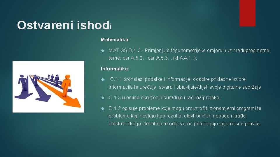 Ostvareni ishodi Matematika: MAT SŠ D. 1. 3. - Primjenjuje trigonometrijske omjere. (uz međupredmetne