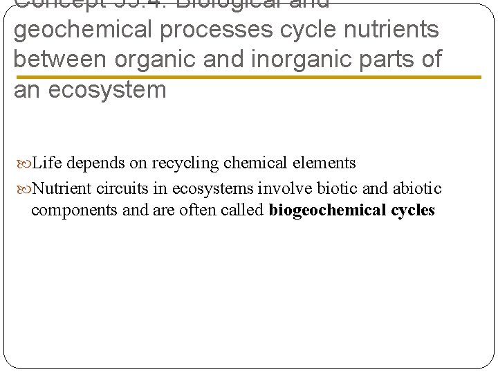 Concept 55. 4: Biological and geochemical processes cycle nutrients between organic and inorganic parts