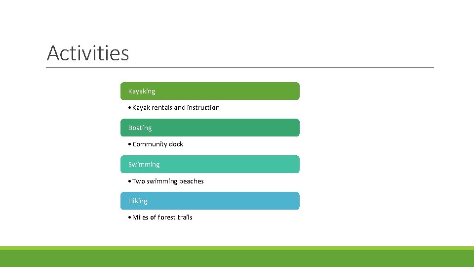 Activities Kayaking • Kayak rentals and instruction Boating • Community dock Swimming • Two