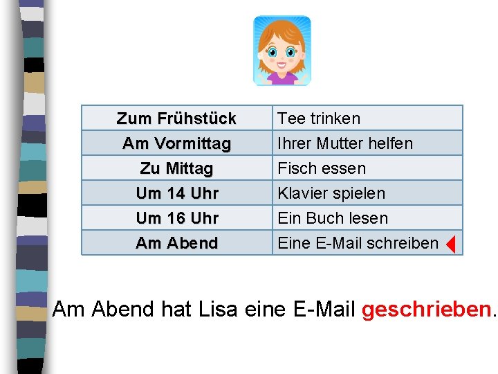 Um 16 Uhr Am Abend Tee trinken Ihrer Mutter helfen Fisch essen Klavier spielen