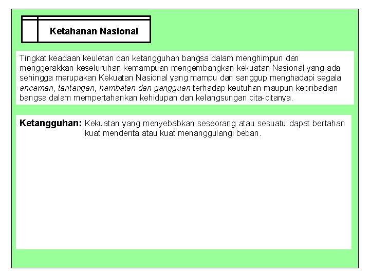 Ketahanan Nasional Tingkat keadaan keuletan dan ketangguhan bangsa dalam menghimpun dan menggerakkan keseluruhan kemampuan