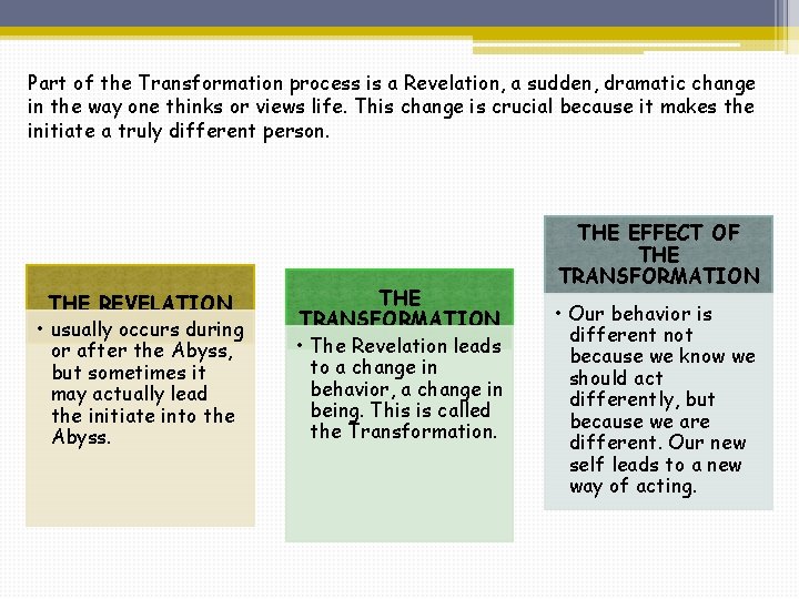Part of the Transformation process is a Revelation, a sudden, dramatic change in the