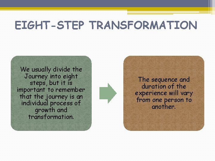 EIGHT-STEP TRANSFORMATION We usually divide the Journey into eight steps, but it is important