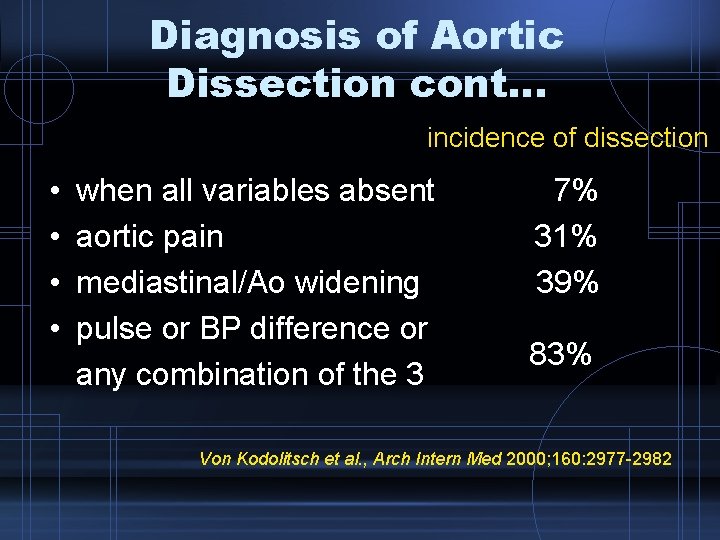 Diagnosis of Aortic Dissection cont… incidence of dissection • • when all variables absent