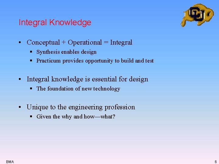 Integral Knowledge • Conceptual + Operational = Integral § Synthesis enables design § Practicum Integral Knowledge • Conceptual + Operational = Integral § Synthesis enables design § Practicum
